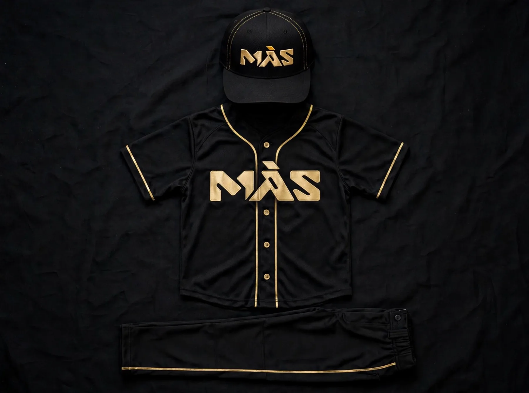 MÁS home kit: black and gold jersey, cap and pants laid out as a full set
